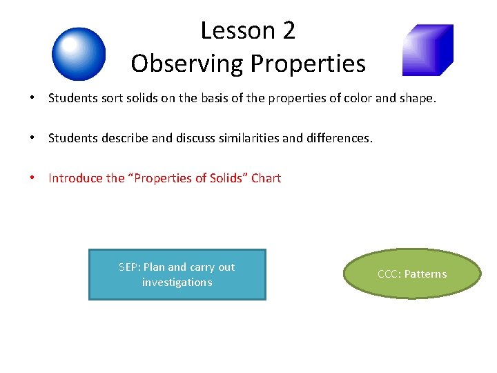 Lesson 2 Observing Properties • Students sort solids on the basis of the properties