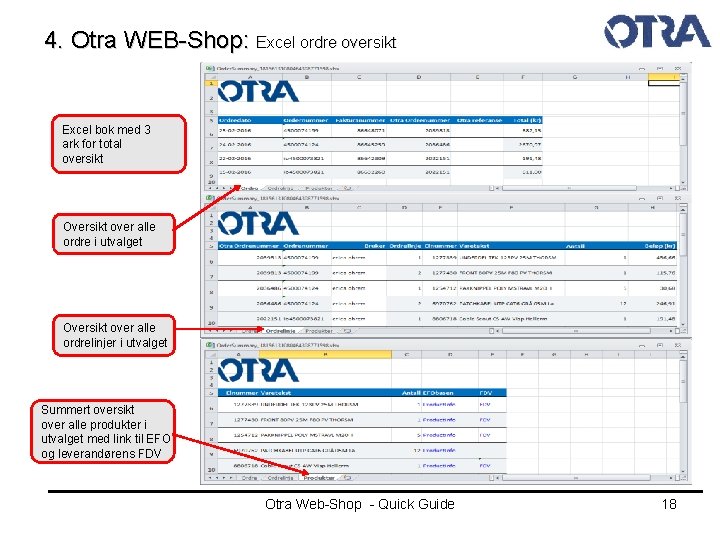 4. Otra WEB-Shop: Excel ordre oversikt Excel bok med 3 ark for total oversikt