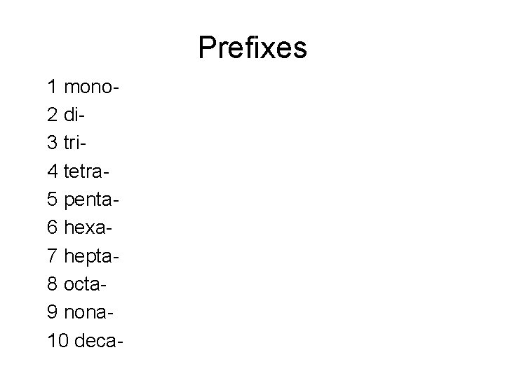 Prefixes 1 mono 2 di 3 tri 4 tetra 5 penta 6 hexa 7