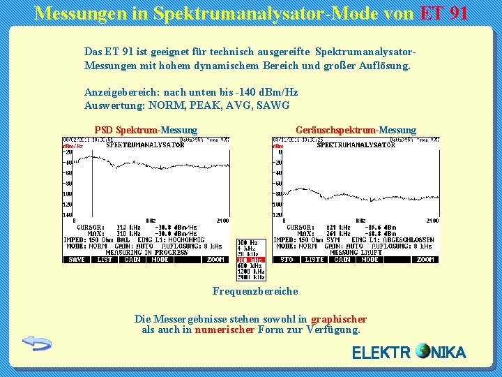 Messungen in Spektrumanalysator-Mode von ET 91 Das ET 91 ist geeignet für technisch ausgereifte