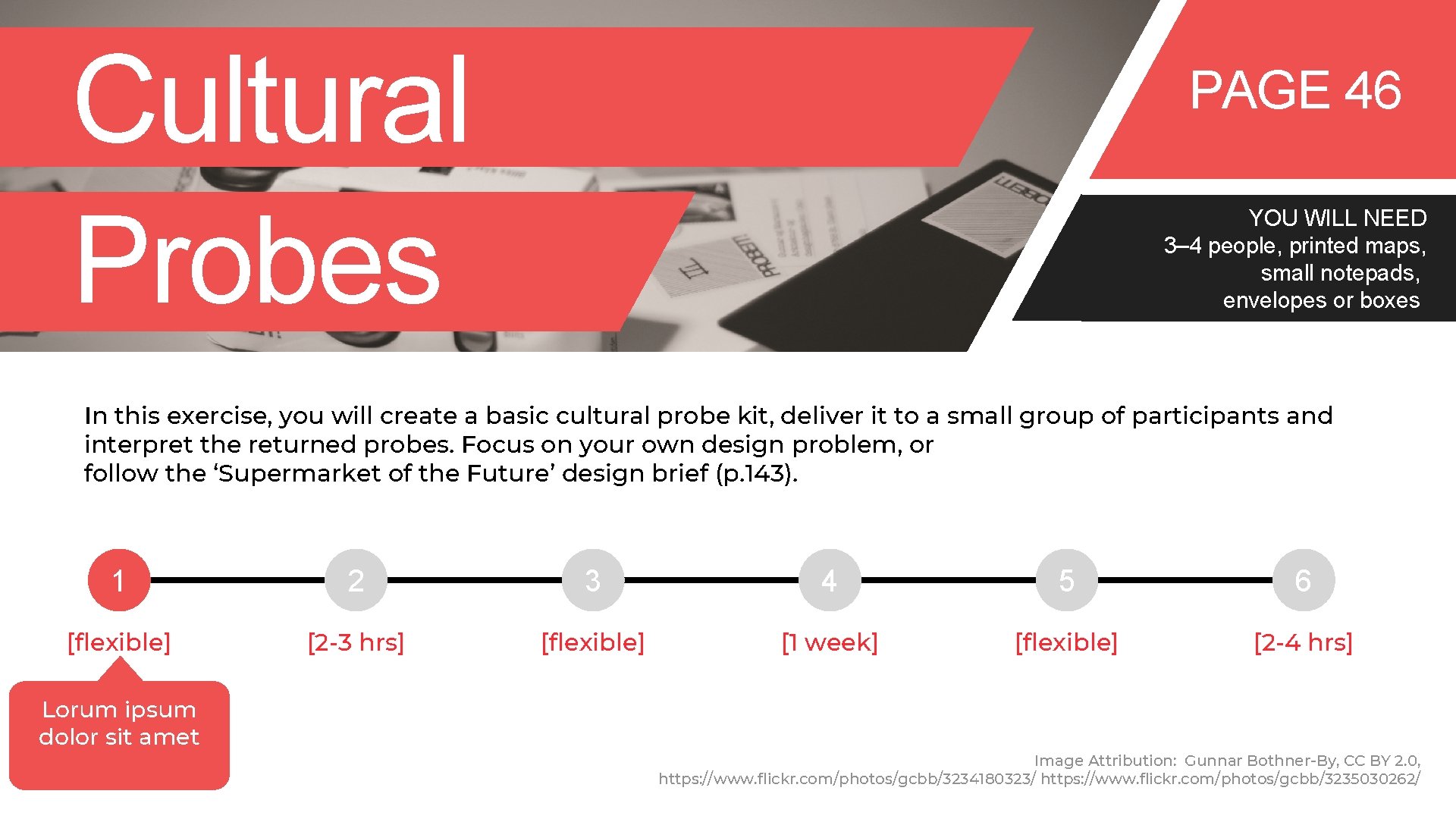Cultural Probes PAGE 46 YOU WILL NEED 3– 4 people, printed maps, small notepads,