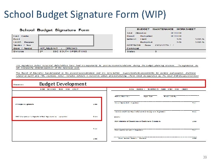 School Budget Signature Form (WIP) Budget Development 39 