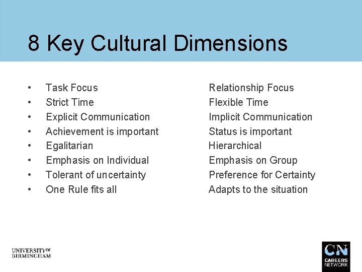 8 Key Cultural Dimensions • • Task Focus Strict Time Explicit Communication Achievement is