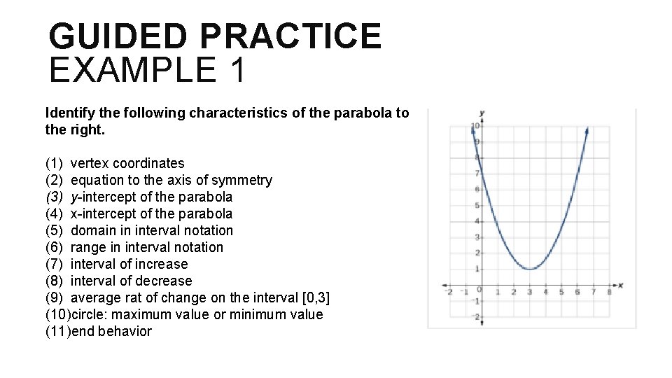 GUIDED PRACTICE EXAMPLE 1 Identify the following characteristics of the parabola to the right.