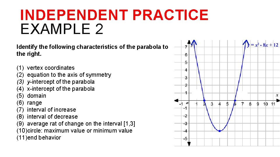 INDEPENDENT PRACTICE EXAMPLE 2 Identify the following characteristics of the parabola to the right.