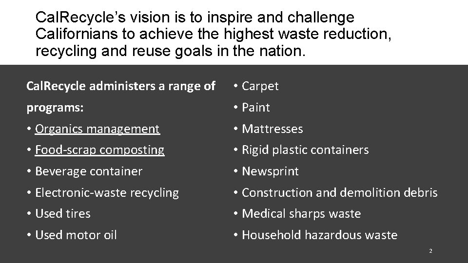 Cal. Recycle’s vision is to inspire and challenge Californians to achieve the highest waste
