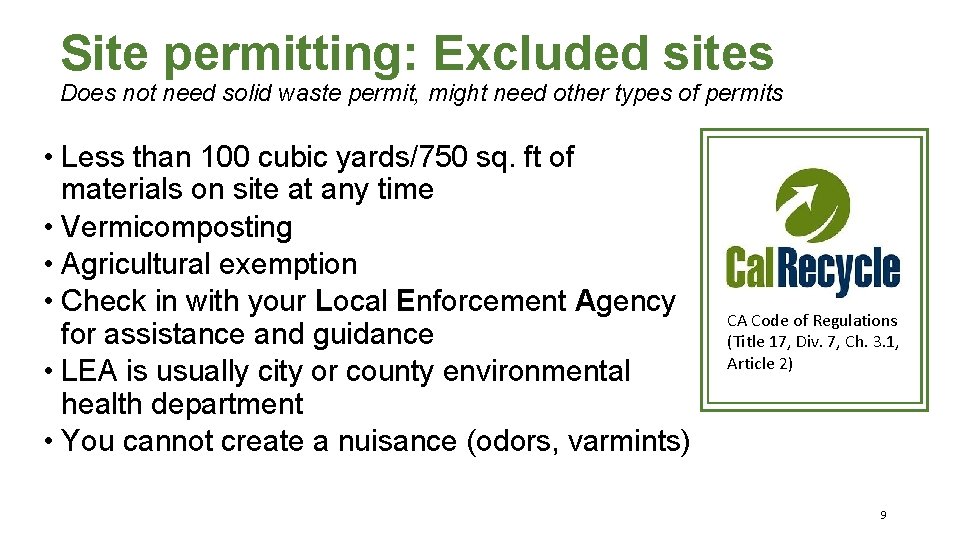 Site permitting: Excluded sites Does not need solid waste permit, might need other types
