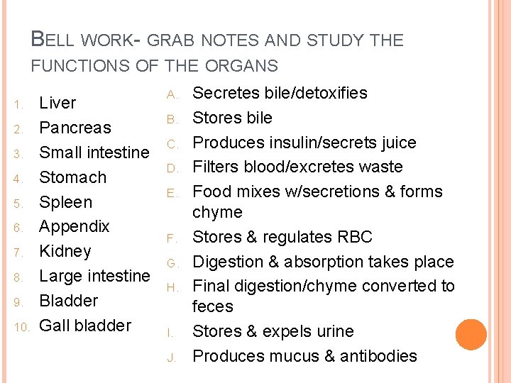 BELL WORK- GRAB NOTES AND STUDY THE FUNCTIONS OF THE ORGANS 1. 2. 3.