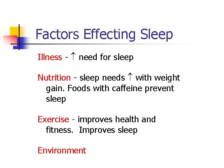 Factors Effecting Sleep Illness - need for sleep Nutrition - sleep needs with weight