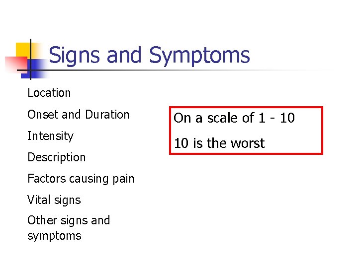 Signs and Symptoms Location Onset and Duration On a scale of 1 - 10