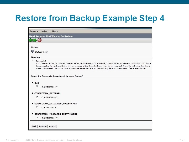 Restore from Backup Example Step 4 Presentation_ID © 2006 Cisco Systems, Inc. All rights