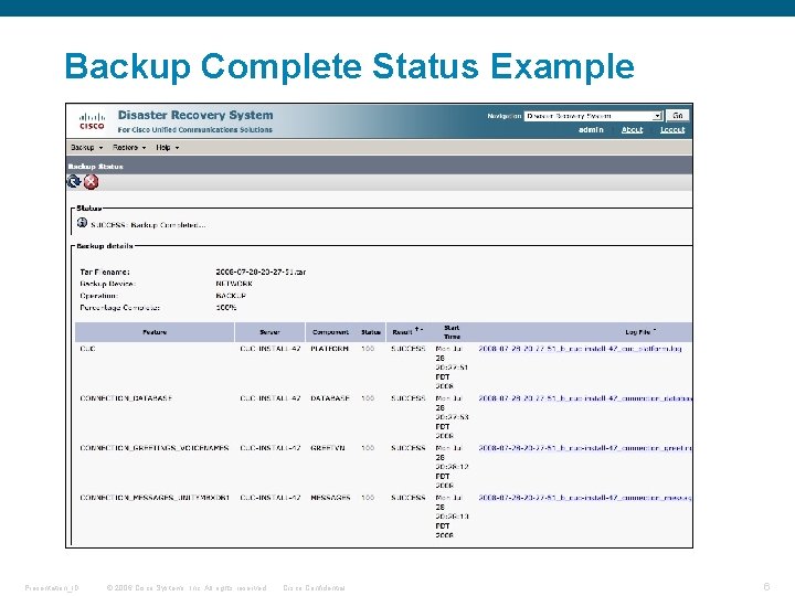 Backup Complete Status Example Presentation_ID © 2006 Cisco Systems, Inc. All rights reserved. Cisco