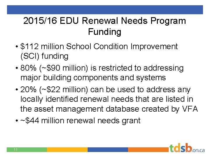 2015/16 EDU Renewal Needs Program Funding • $112 million School Condition Improvement (SCI) funding