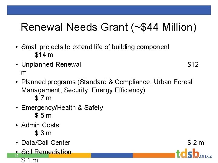 Renewal Needs Grant (~$44 Million) • Small projects to extend life of building component