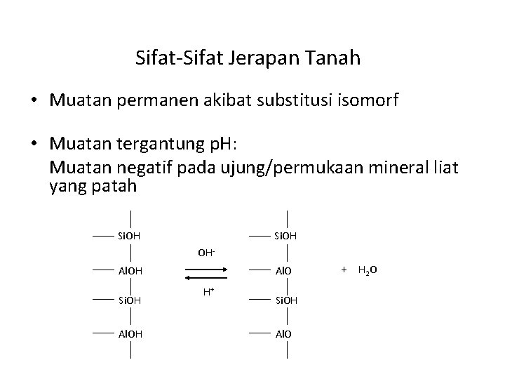 Sifat-Sifat Jerapan Tanah • Muatan permanen akibat substitusi isomorf • Muatan tergantung p. H: