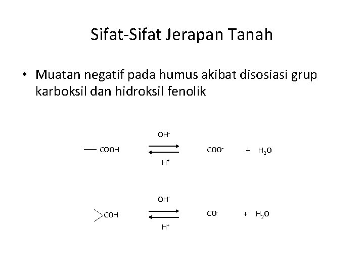 Sifat-Sifat Jerapan Tanah • Muatan negatif pada humus akibat disosiasi grup karboksil dan hidroksil