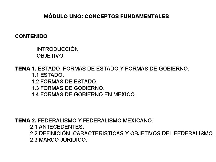 MÓDULO UNO: CONCEPTOS FUNDAMENTALES CONTENIDO INTRODUCCIÓN OBJETIVO TEMA 1. ESTADO, FORMAS DE ESTADO Y
