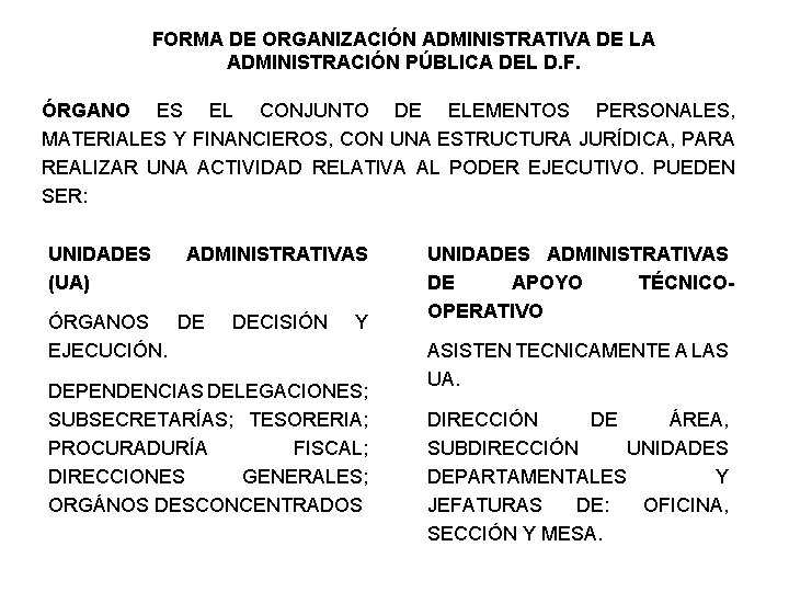 FORMA DE ORGANIZACIÓN ADMINISTRATIVA DE LA ADMINISTRACIÓN PÚBLICA DEL D. F. ÓRGANO ES EL