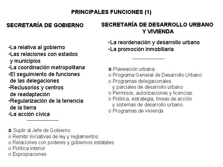 PRINCIPALES FUNCIONES (1) SECRETARÍA DE GOBIERNO • La relativa al gobierno • Las relaciones