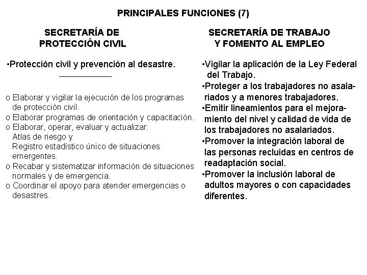 PRINCIPALES FUNCIONES (7) SECRETARÍA DE PROTECCIÓN CIVIL • Protección civil y prevención al desastre.