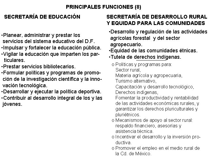 PRINCIPALES FUNCIONES (8) SECRETARÍA DE EDUCACIÓN • Planear, administrar y prestar los servicios del