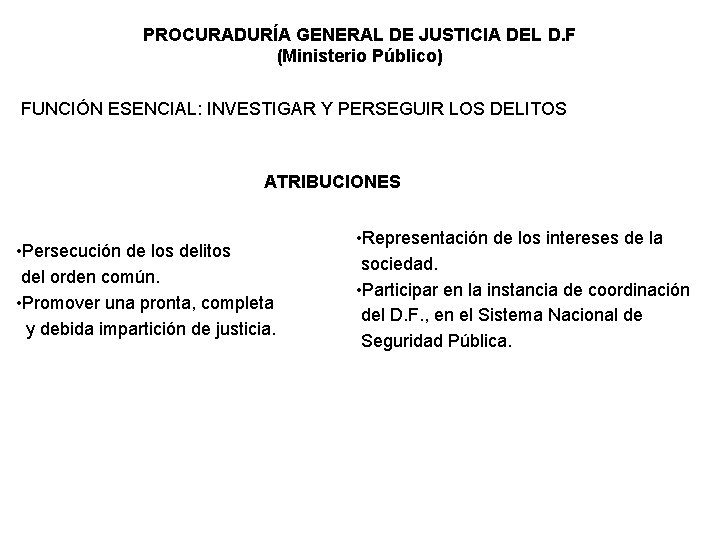 PROCURADURÍA GENERAL DE JUSTICIA DEL D. F (Ministerio Público) FUNCIÓN ESENCIAL: INVESTIGAR Y PERSEGUIR