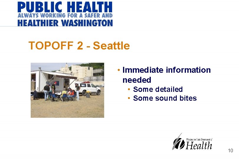 TOPOFF 2 - Seattle • Immediate information needed • Some detailed • Some sound