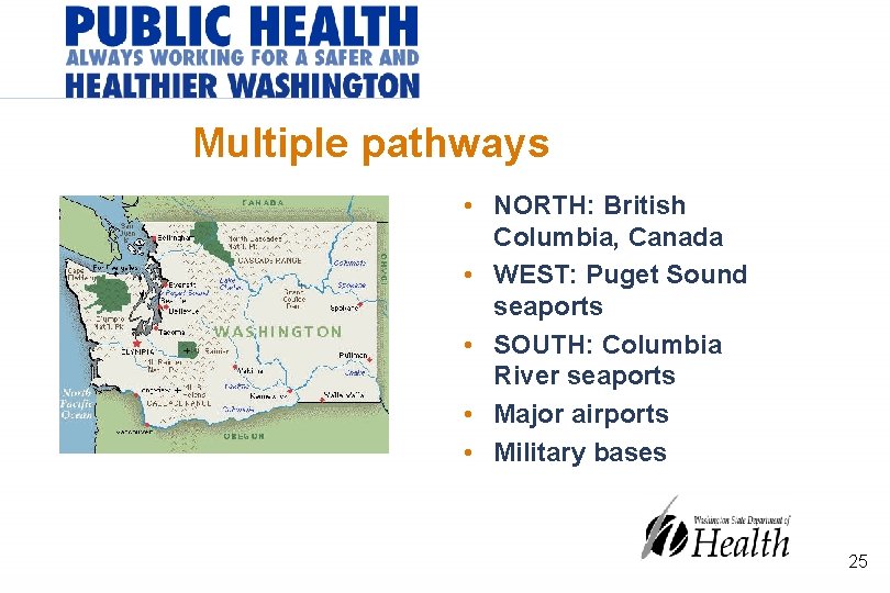 Multiple pathways • NORTH: British Columbia, Canada • WEST: Puget Sound seaports • SOUTH: