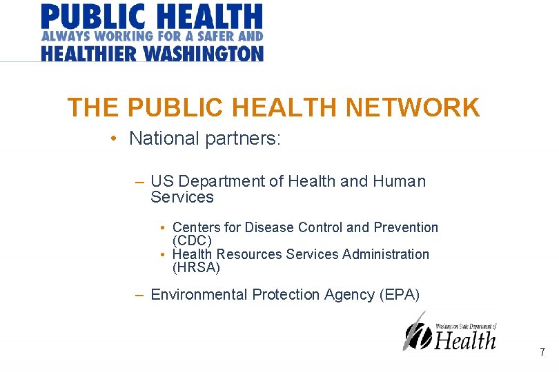 THE PUBLIC HEALTH NETWORK • National partners: – US Department of Health and Human