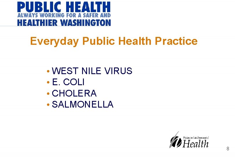 Everyday Public Health Practice • WEST NILE VIRUS • E. COLI • CHOLERA •