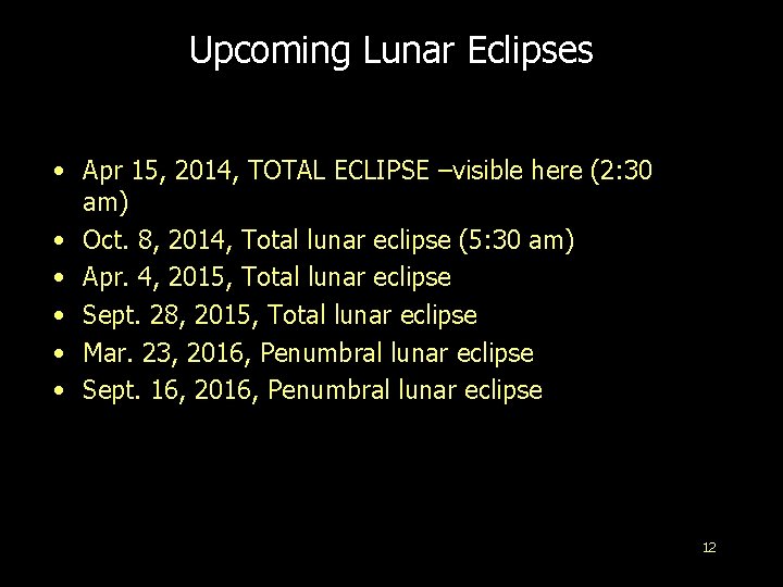 Upcoming Lunar Eclipses • Apr 15, 2014, TOTAL ECLIPSE –visible here (2: 30 am)