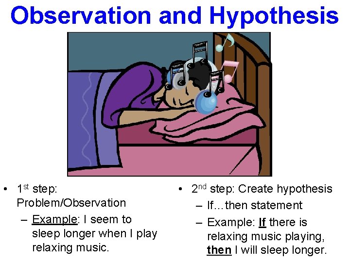 Observation and Hypothesis • 1 st step: Problem/Observation – Example: I seem to sleep