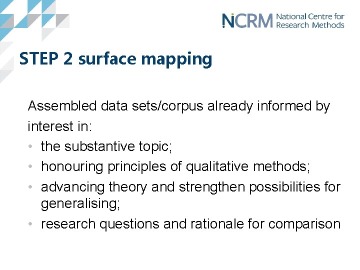 STEP 2 surface mapping Assembled data sets/corpus already informed by interest in: • the