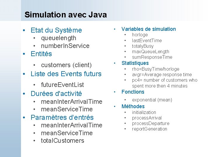 Simulation avec Java • Etat du Système • • queuelength • number. In. Service