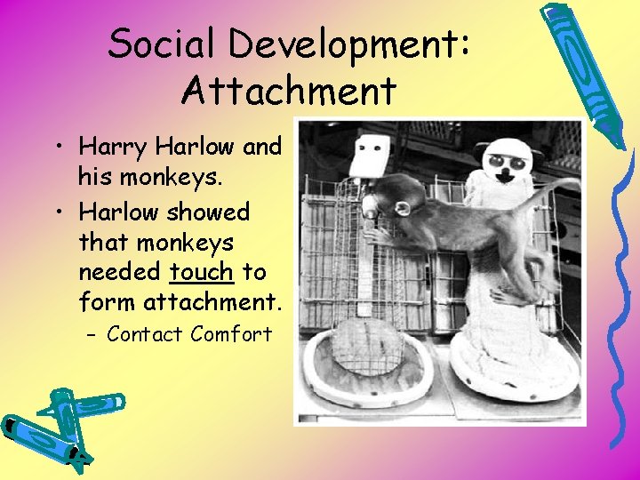 Social Development: Attachment • Harry Harlow and his monkeys. • Harlow showed that monkeys