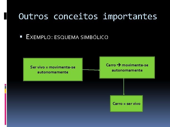 Outros conceitos importantes EXEMPLO: ESQUEMA SIMBÓLICO Ser vivo = movimenta-se autonomamente Carro = ser