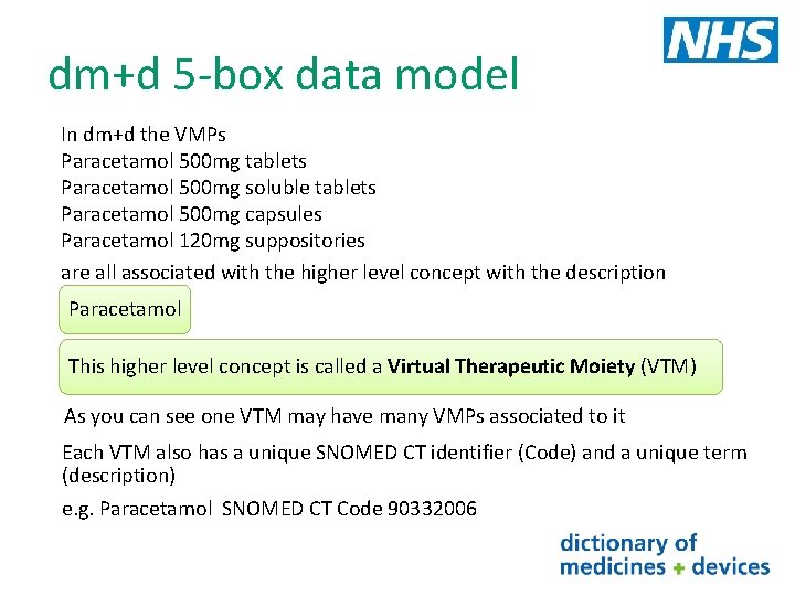 dm+d 5 -box data model In dm+d the VMPs Paracetamol 500 mg tablets Paracetamol