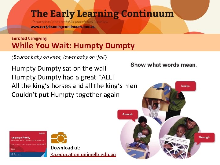 www. earlylearningcontinuum. com. au Enriched Caregiving While You Wait: Humpty Dumpty (Bounce baby on