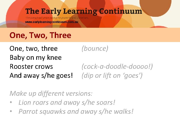 www. earlylearningcontinuum. com. au One, Two, Three One, two, three Baby on my knee