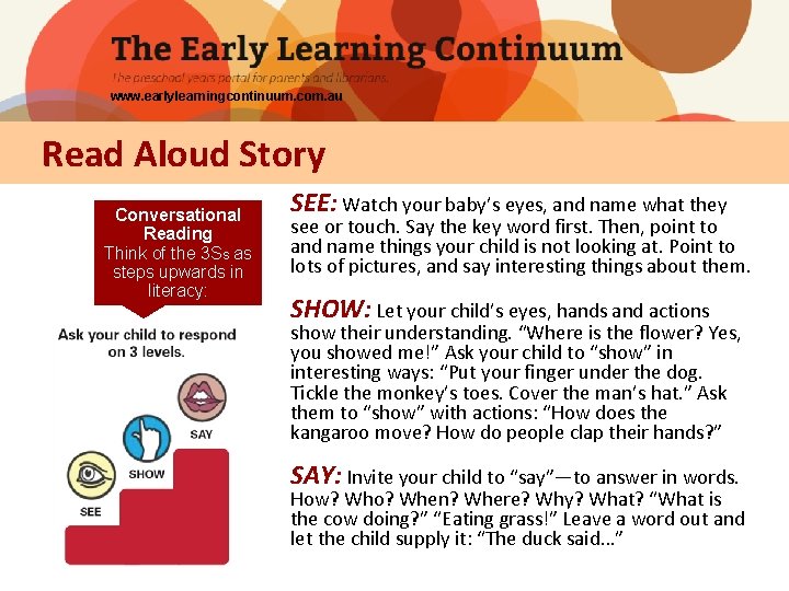 www. earlylearningcontinuum. com. au Read Aloud Story Conversational Reading Think of the 3 Ss