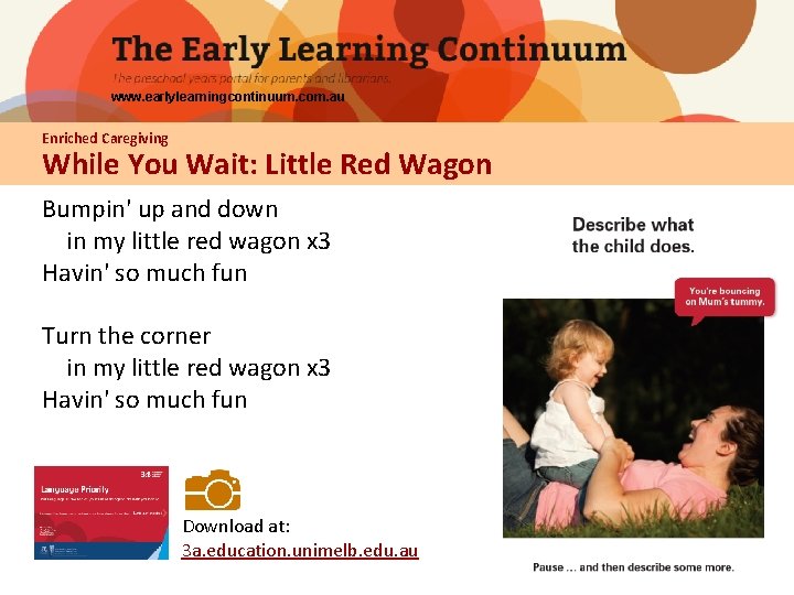 www. earlylearningcontinuum. com. au Enriched Caregiving While You Wait: Little Red Wagon Bumpin' up