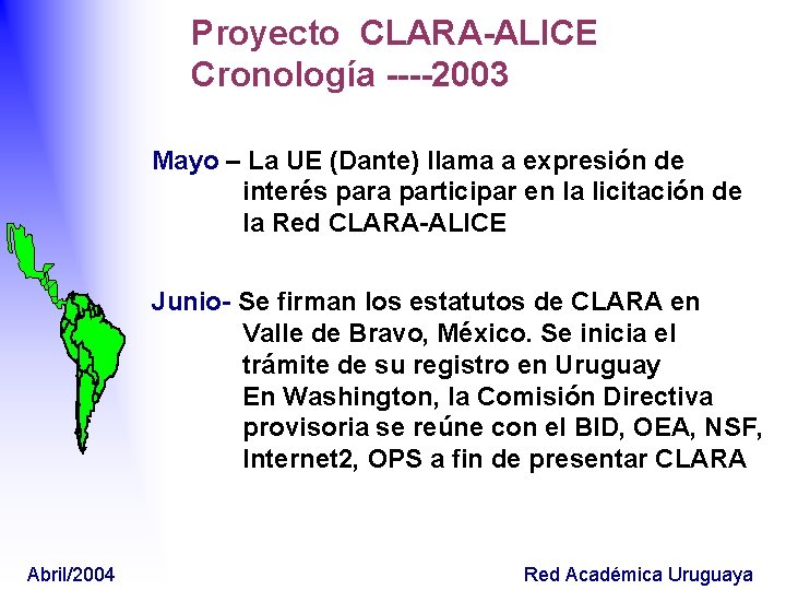 Proyecto CLARA-ALICE Cronología ----2003 Mayo – La UE (Dante) llama a expresión de interés