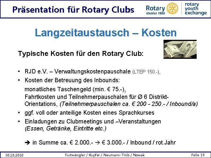 Präsentation für Rotary Clubs Langzeitausch – Kosten Typische Kosten für den Rotary Club: •