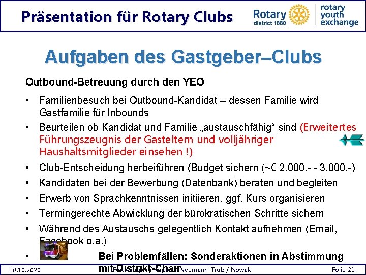 Präsentation für Rotary Clubs Aufgaben des Gastgeber–Clubs Outbound-Betreuung durch den YEO • Familienbesuch bei