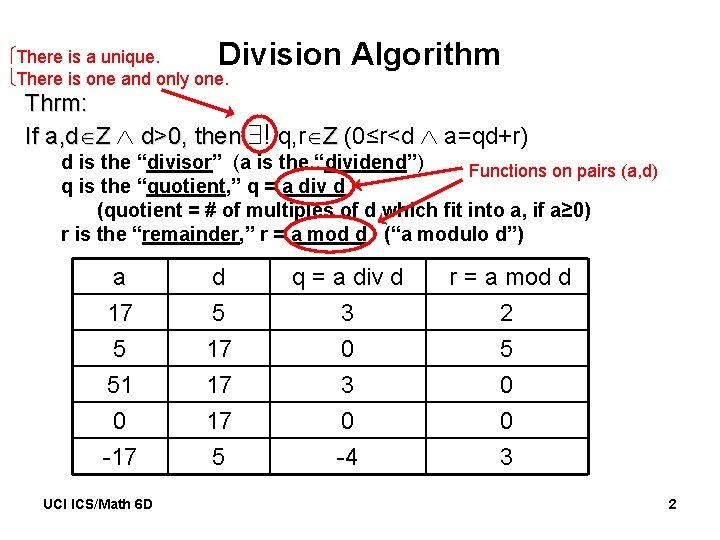 Division Algorithm There is a unique. There is one and only one. Thrm: If