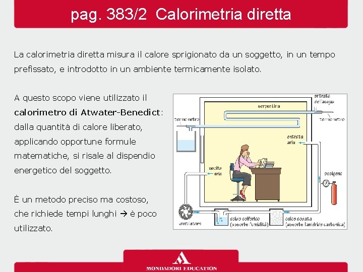 pag. 383/2 Calorimetria diretta La calorimetria diretta misura il calore sprigionato da un soggetto,
