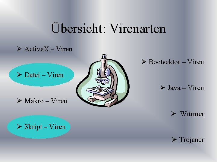 Übersicht: Virenarten Ø Active. X – Viren Ø Bootsektor – Viren Ø Datei –