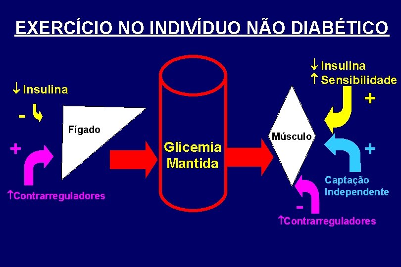 EXERCÍCIO NO INDIVÍDUO NÃO DIABÉTICO Insulina Sensibilidade Insulina - + Fígado + Contrarreguladores Glicemia