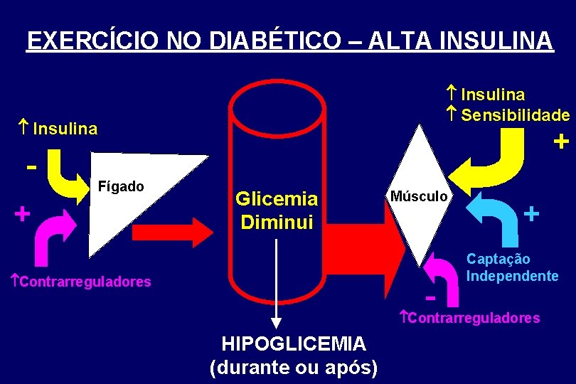 EXERCÍCIO NO DIABÉTICO – ALTA INSULINA Insulina Sensibilidade Insulina - + Fígado + Glicemia