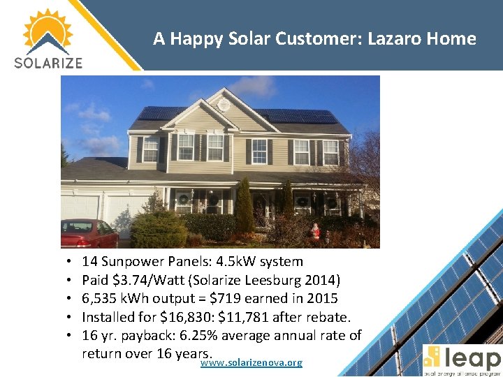 A Happy Solar Customer: Lazaro Home • • • 14 Sunpower Panels: 4. 5